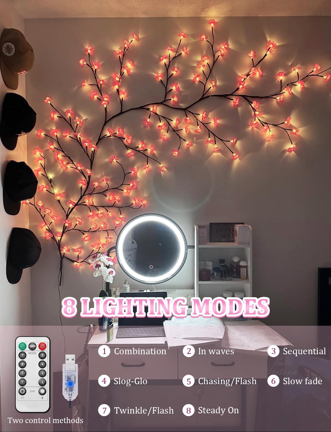 Decorative LED branch with lights on a wall above a desk, featuring 8 lighting modes.