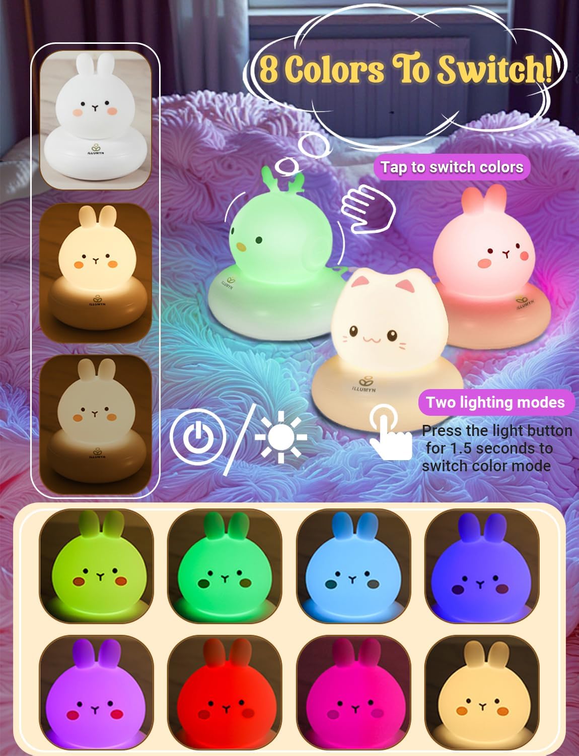 Color-changing night light with cartoon animal designs on a bed.