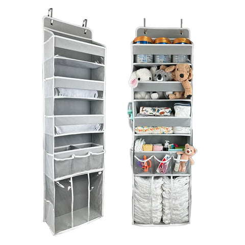 EZVERY Over the Door Baby Nappy Organiser, Beige Hanging Nursery Storage with 3 Bins, Removable Nappy Caddy and 10 Mesh Side Pockets