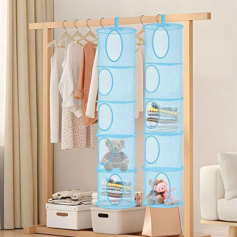 Hanging Mesh Storage Basket, 2 Pack, 5-Tier Foldable Toy Organiser in Pink – Make Room for More Play
