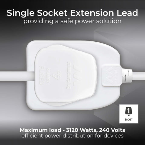 Masterplug One Socket Single Extension Lead, 10 Metre Cable, Unswitched, 1-Way Plug Extension Cable, Basic Power, White, 13A, 1G, 10m, BOG10