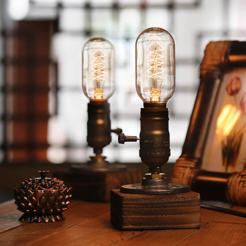 Industrial Steampunk Desk Lamp – Vintage Industrial Table Lamp with E27 Holder, Wooden Base & Iron Pipe Design for Bedroom, Study, Café, Bar & Pub