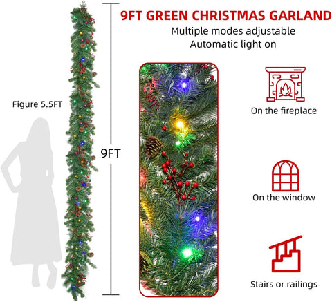 Christmas Garland With Lights 9FT Battery Powered