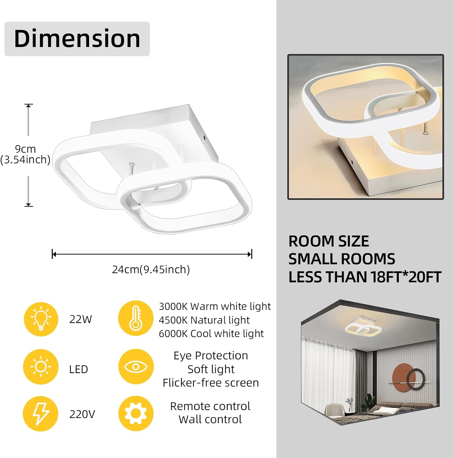Ceiling light fixture with dimensions, light color options, and features on a gray background