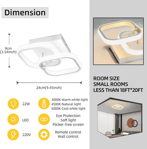 Ceiling light fixture with dimensions, light color options, and features on a gray background
