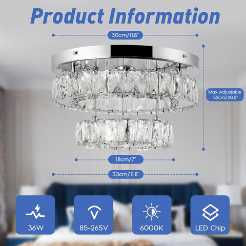 Crystal LED Ceiling Light 30cm, Modern Flush Mount Chandelier 30W