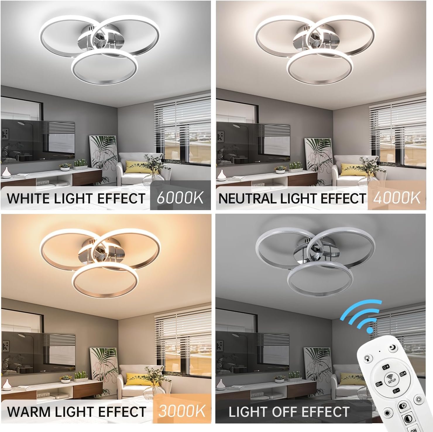 Ceiling light fixture with different color temperature effects in a living room setting.