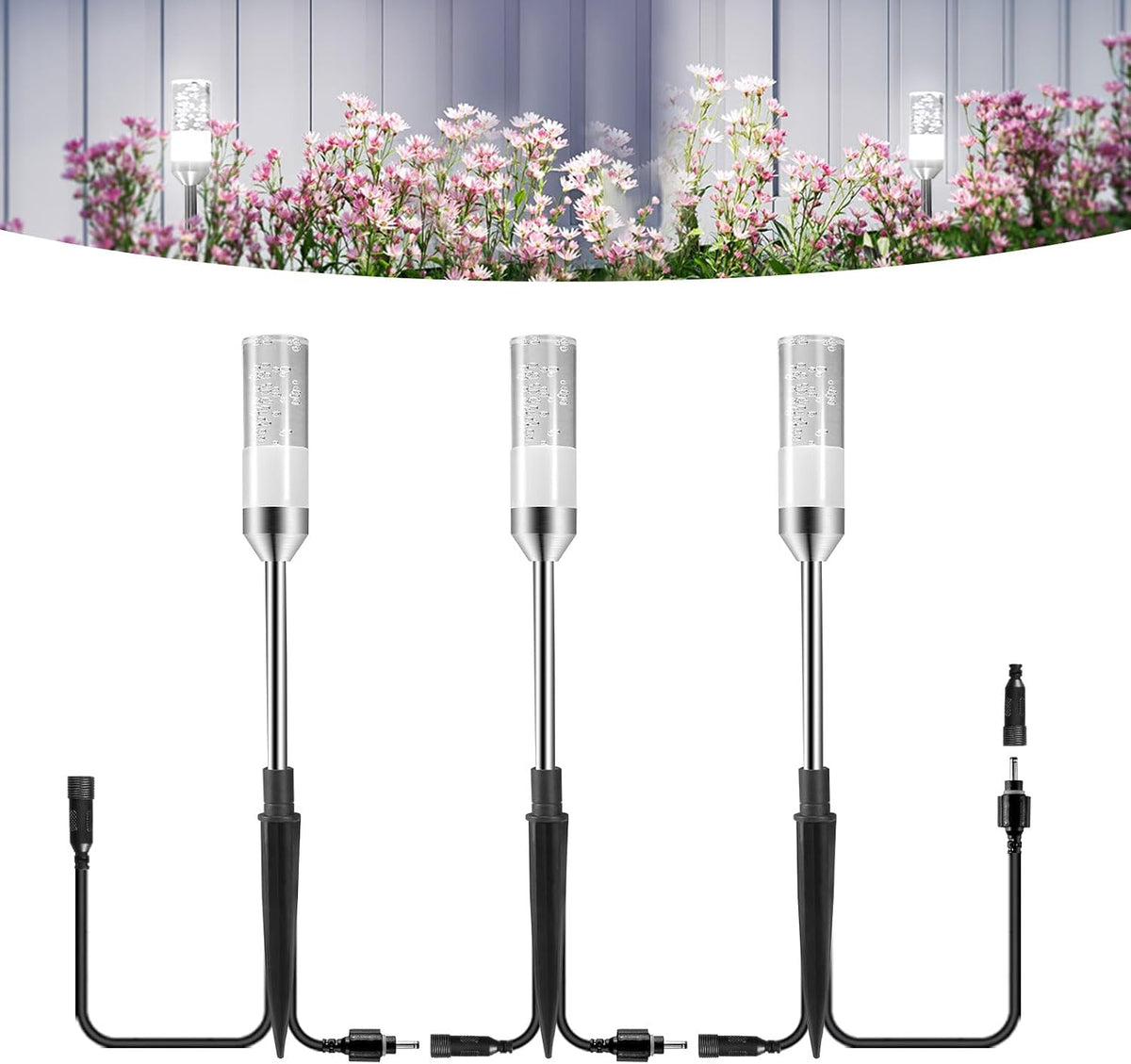 ECOWHO Garden Pathway Lights 3 Packs with 3m Wiring Cable Spike Lamps Without Adapter, Only Extension Path Lights Cool White Pathway Lighting (No Plug)