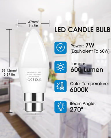 7W B22 LED Candle Bulbs – 60W Equivalent, Cool White 6000K