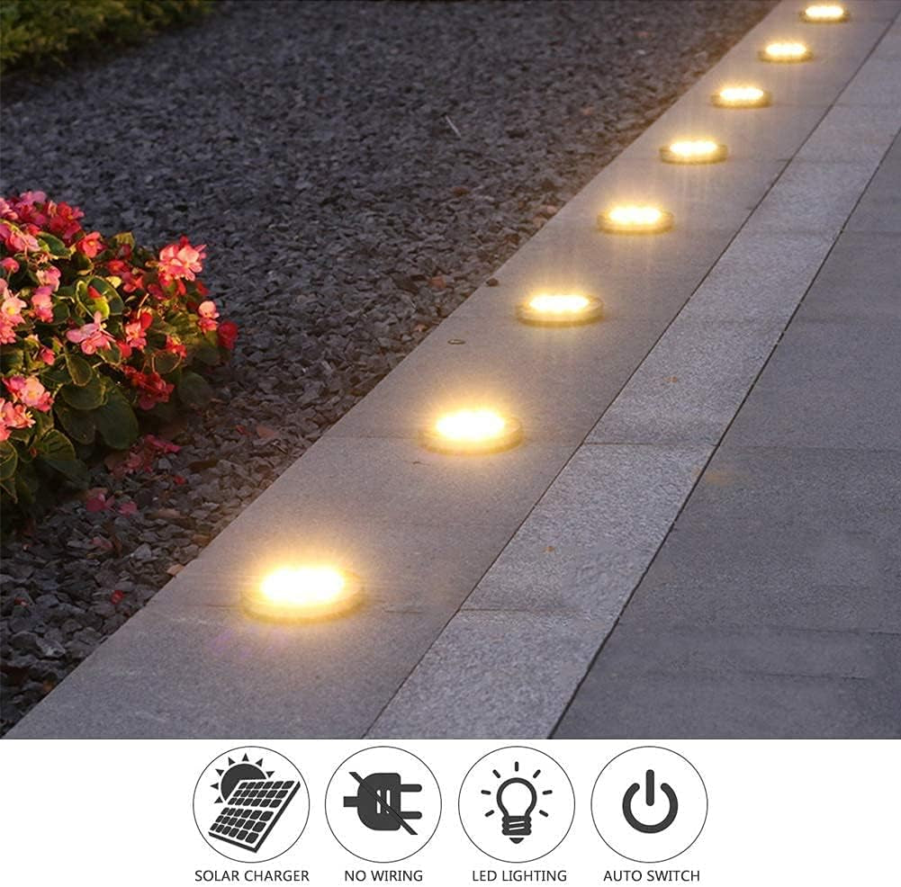 Solar Lights Outdoor Garden,600Mah 8 LED Solar Disk Ground Lights for Garden Lawn Pathway Yard Landscape Walkway（8 Pack Warm White）