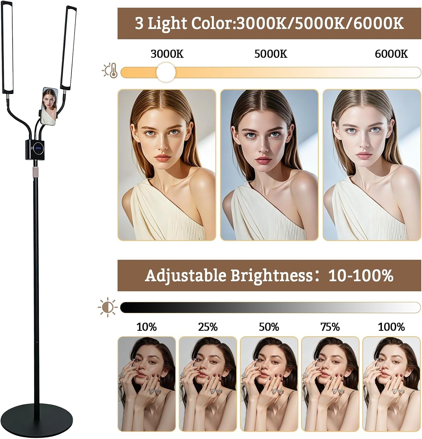 Beauty Light with 2 Arms | 3 Color LED Lash Light with Remote Control 360° Adjustable Floor Fill Lamp with Phone Holder for Photograph, Beauty, Tattoo