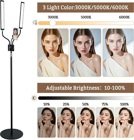 Beauty Light with 2 Arms | 3 Color LED Lash Light with Remote Control 360° Adjustable Floor Fill Lamp with Phone Holder for Photograph, Beauty, Tattoo