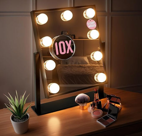 Hollywood Mirror with 9 LED Bulbs - 3 Colour Light Modes & Adjustable Brightness, Touch Screen, 360° Rotation, Light up Mirror, No Assembly Needed, Vanity Mirror with Lights - White