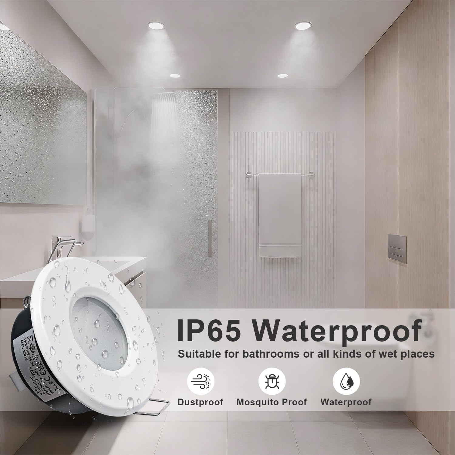 4X 5W IP65 Waterproof LED Recessed Ceiling Lights, Warm White 3000K 430LM, Suitable for Bathroom and Kitchen Spotlights (Including GU10 Lamp Holder) White Downlight Cut-Out 68Mm