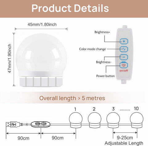 Hollywood Mirror Lights Stick on 10 Bulbs, USB Cable Adjustable, 3 Colour Changing and 10 Brightness, LED Vanity Mirror Lamp Dimmable, Makeup Lights for Dressing Table (No Adapter)