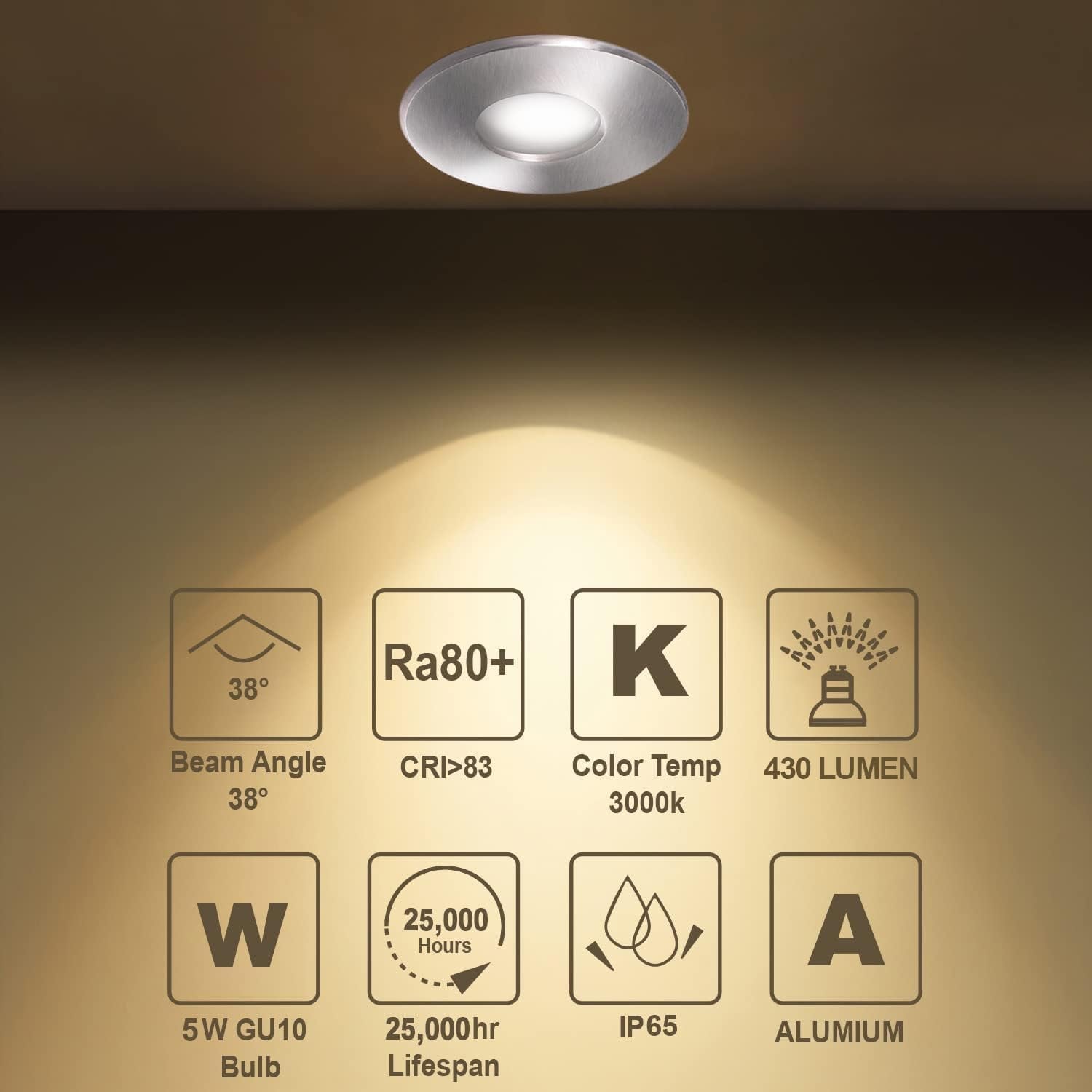 LED Downlights 5W, GU10 IP65 Bathroom Spotlights 3000K Warm White, 430LM Waterproof Recessed Ceiling Lights for Shower, Kitchen, Cut Out 68-75Mm 4 Pack