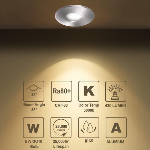 LED Downlights 5W, GU10 IP65 Bathroom Spotlights 3000K Warm White, 430LM Waterproof Recessed Ceiling Lights for Shower, Kitchen, Cut Out 68-75Mm 4 Pack