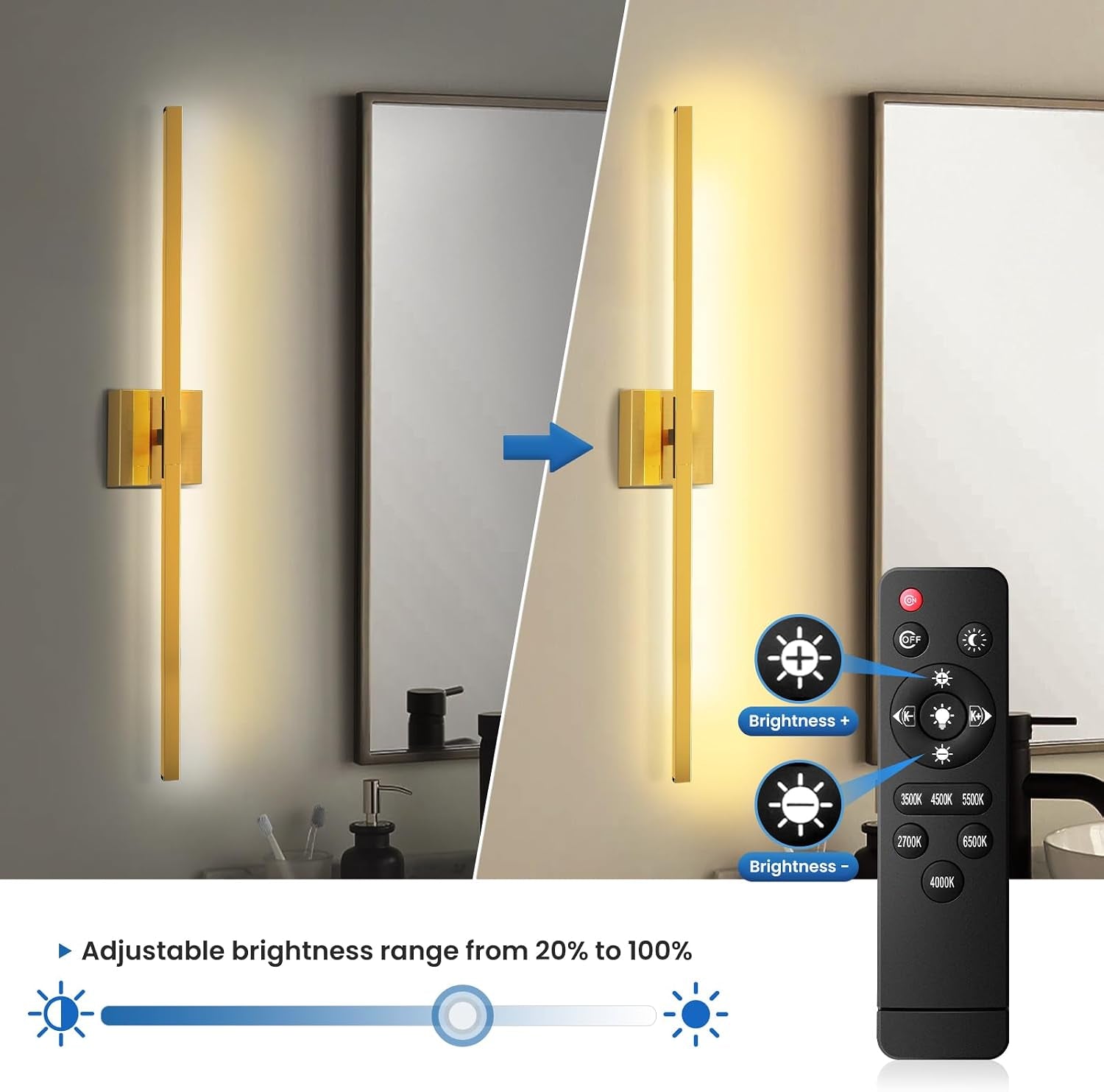 32Inch Modern Bathroom Vanity Light with Rotatable Bar,20W LED Mirror Light | Gold Finish, over Mirror or Wall Mounted, Dimmable 6CCT (2700K-6500K)Warm/Natural/White Light IP44 for Living Room Bedroom