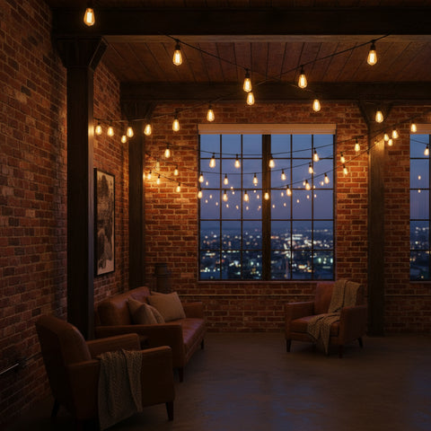 Outdoor Festoon String Lights – 15M with 50 ST64 LED Filament Bulbs – 40W, E12 Base – 3000K Warm White