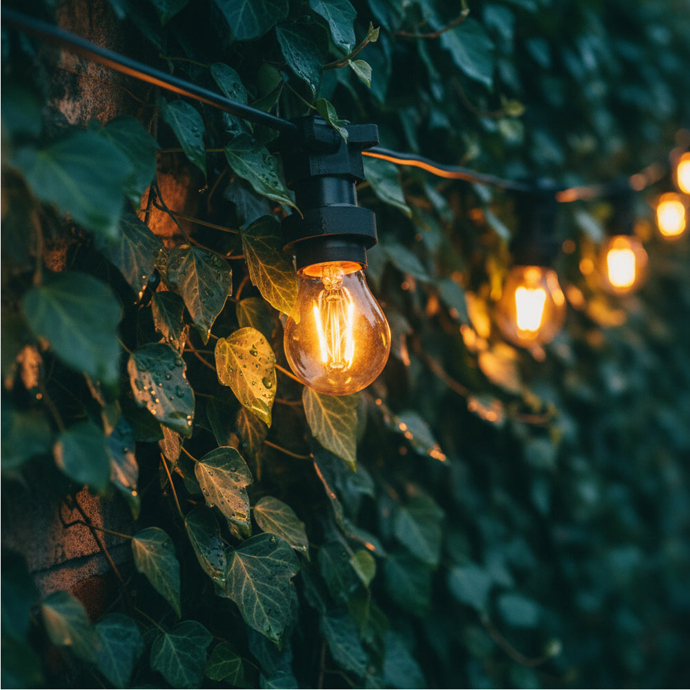 String lights hanging among green leaves