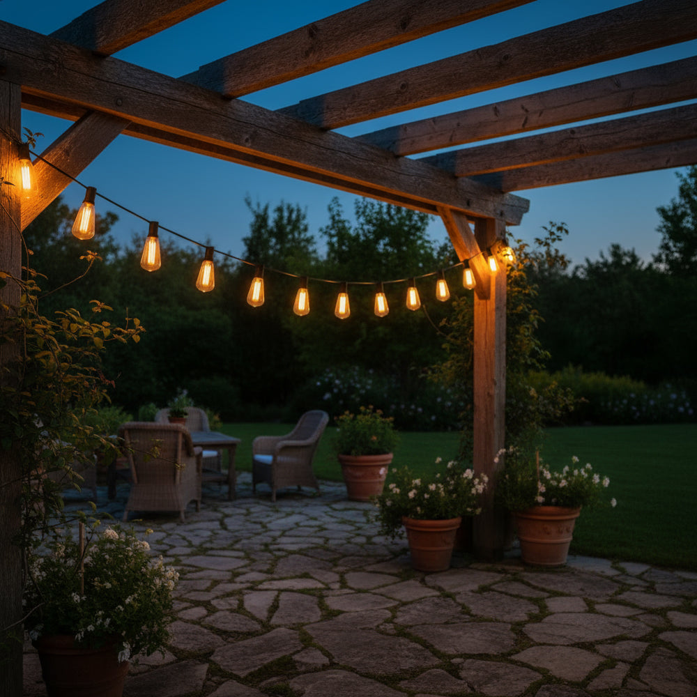 Outdoor Festoon String Lights – 15M with 50 ST64 LED Filament Bulbs – 40W, E12 Base – 3000K Warm White