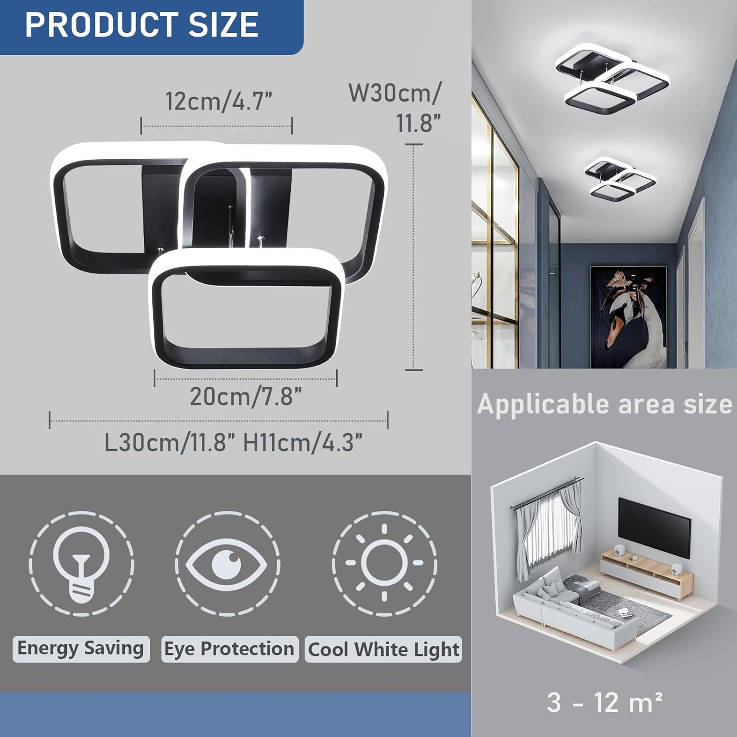 Ceiling light fixture with dimensions, energy saving, eye protection, and cool white light features, shown in a room setting.