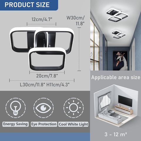 Ceiling light fixture with dimensions, energy saving, eye protection, and cool white light features, shown in a room setting.