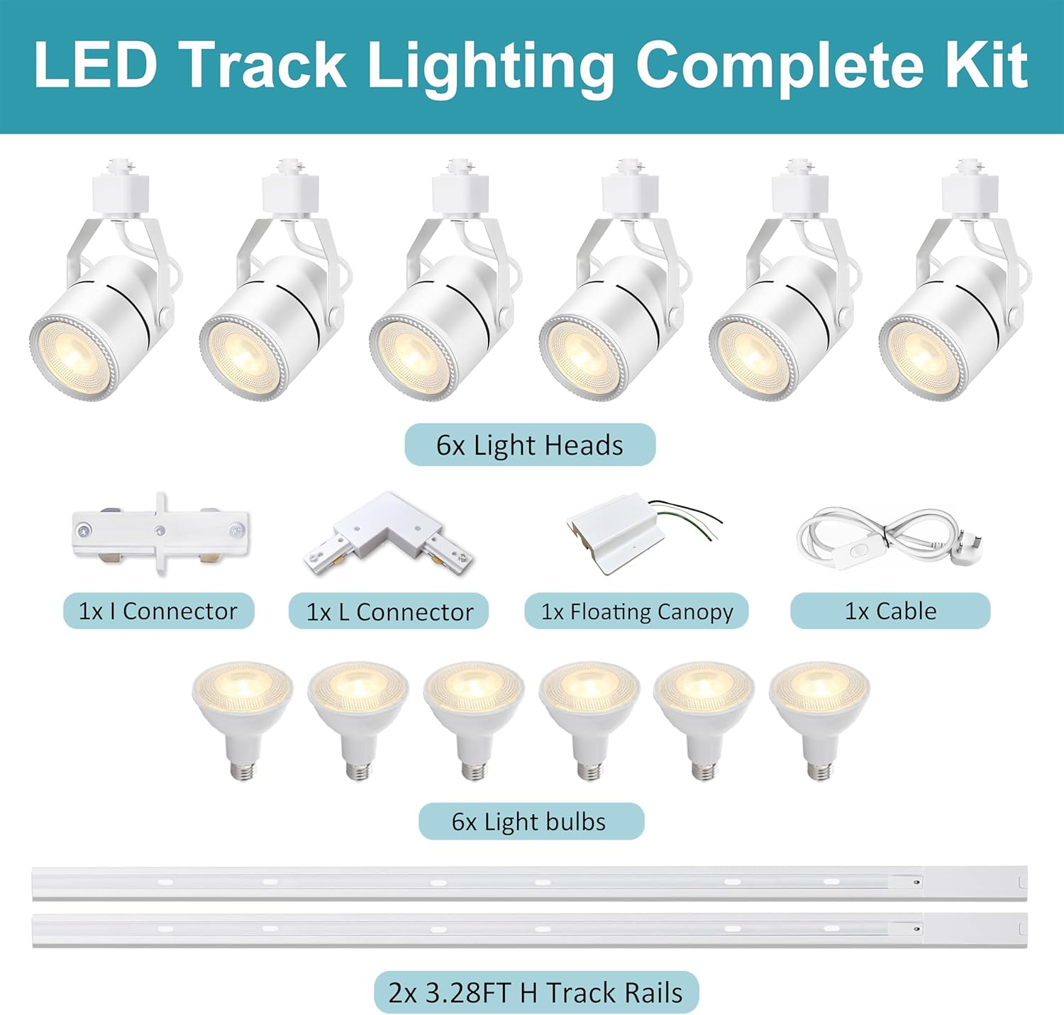 LED track lighting complete kit with light heads, connectors, cables, and light bulbs on a white background.