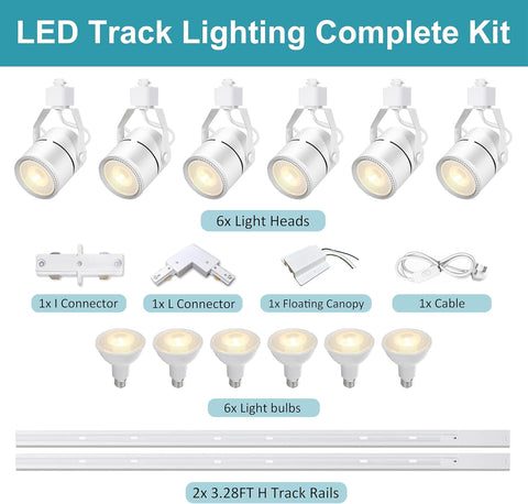 LED track lighting complete kit with light heads, connectors, cables, and light bulbs on a white background.