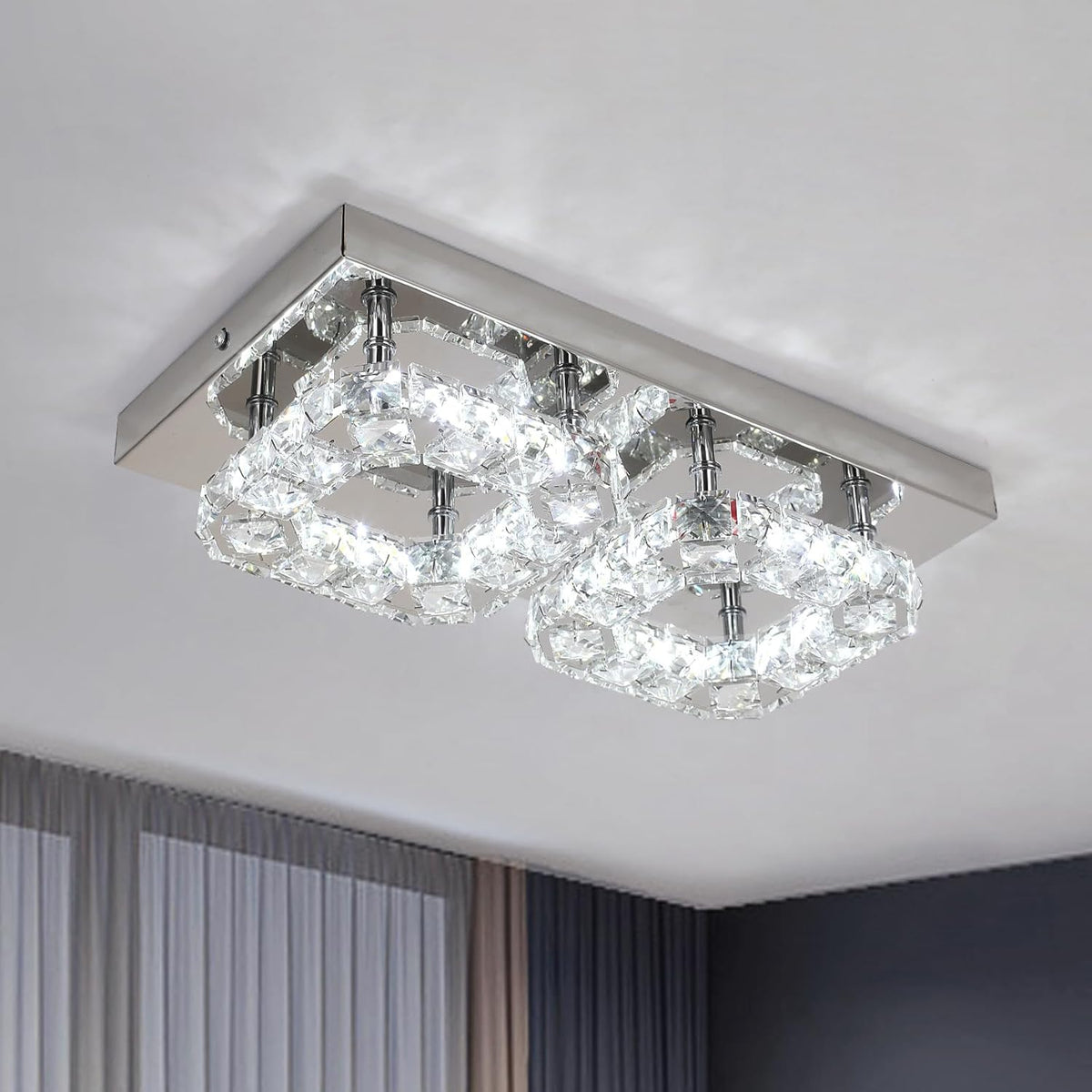 Modern ceiling light fixture with crystal-like design on a neutral background