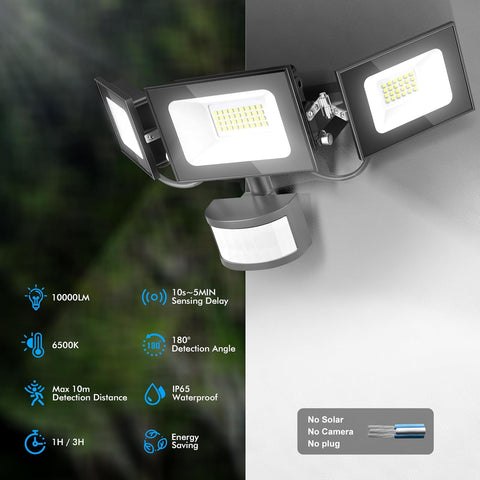 Outdoor floodlight with features listed on a dark and light gray background