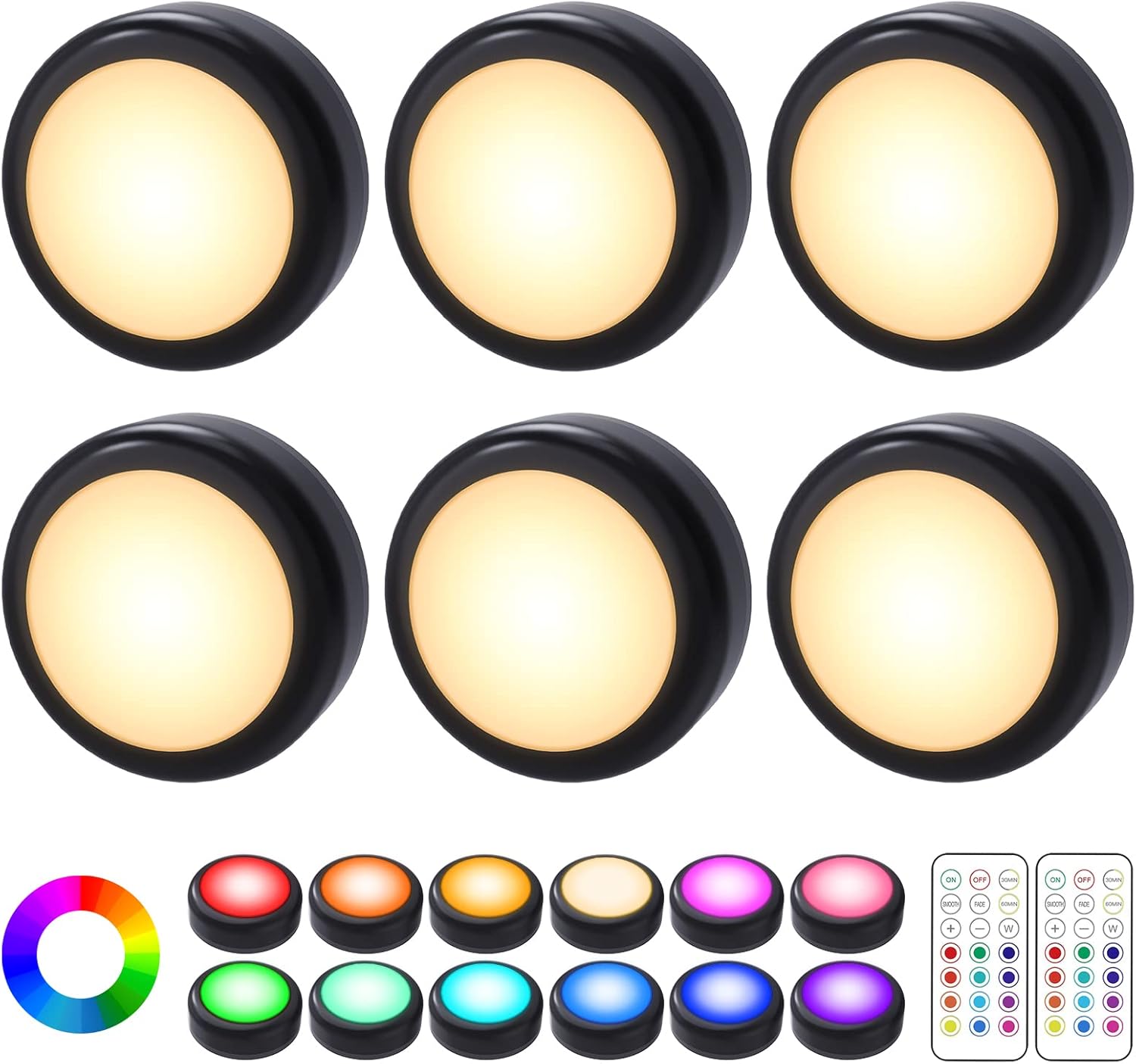 Set of round LED lights with color-changing options and remote control on a white background
