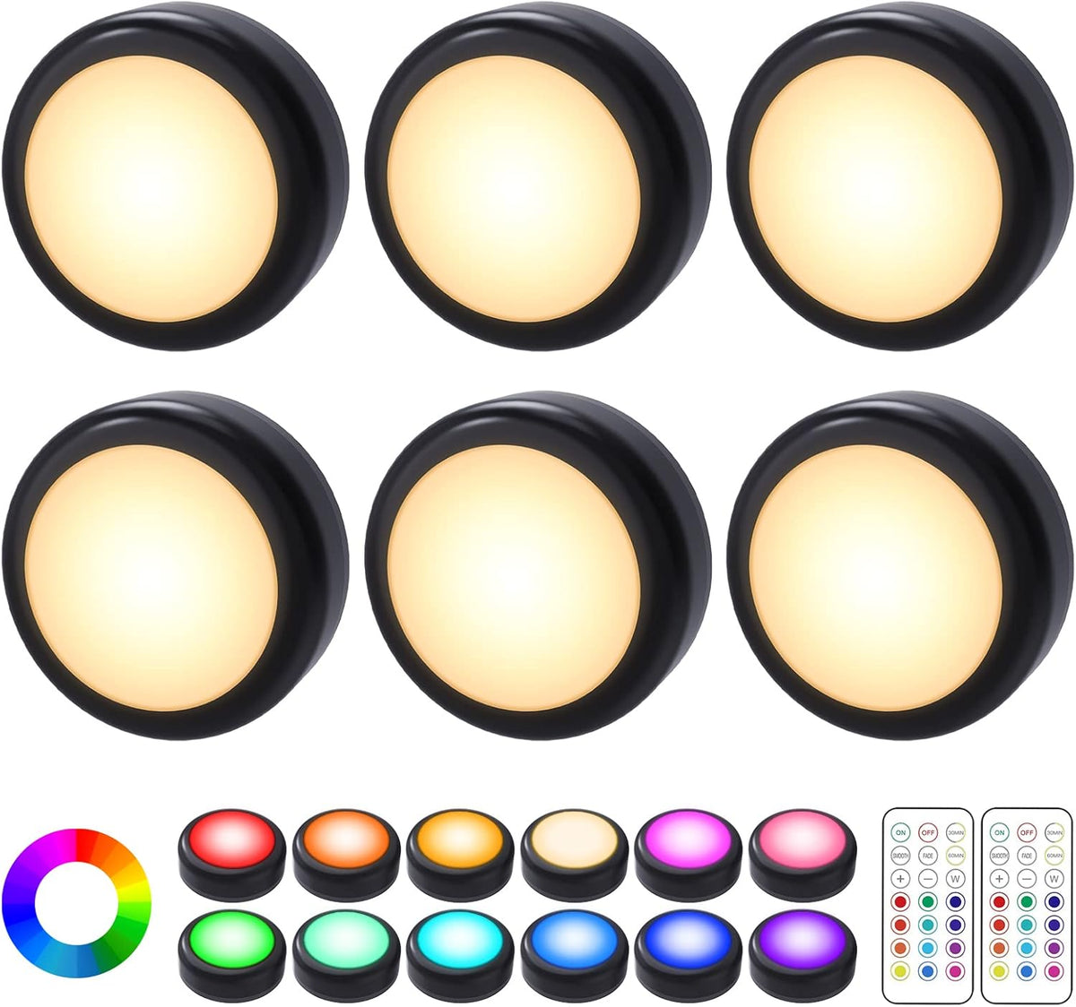 Set of round LED lights with color-changing options and remote control on a white background