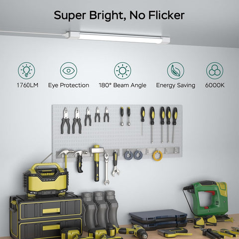 Wall-mounted tool organizer with tools and a light fixture labeled 'Super Bright, No Flicker'.