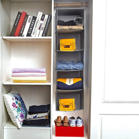 5-Shelf Hanging Wardrobe Organiser with 6 Pockets, Grey, 30 × 30 × 108 cm – Find a Place for Every Little Essential
