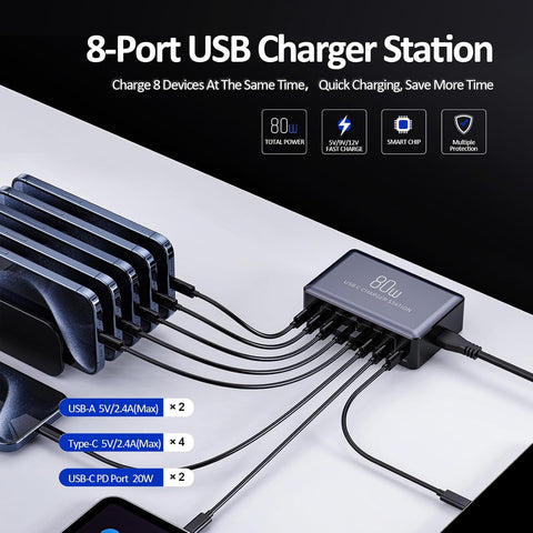 8-Port USB Charger Station with multiple devices connected, showing charging speeds and features.