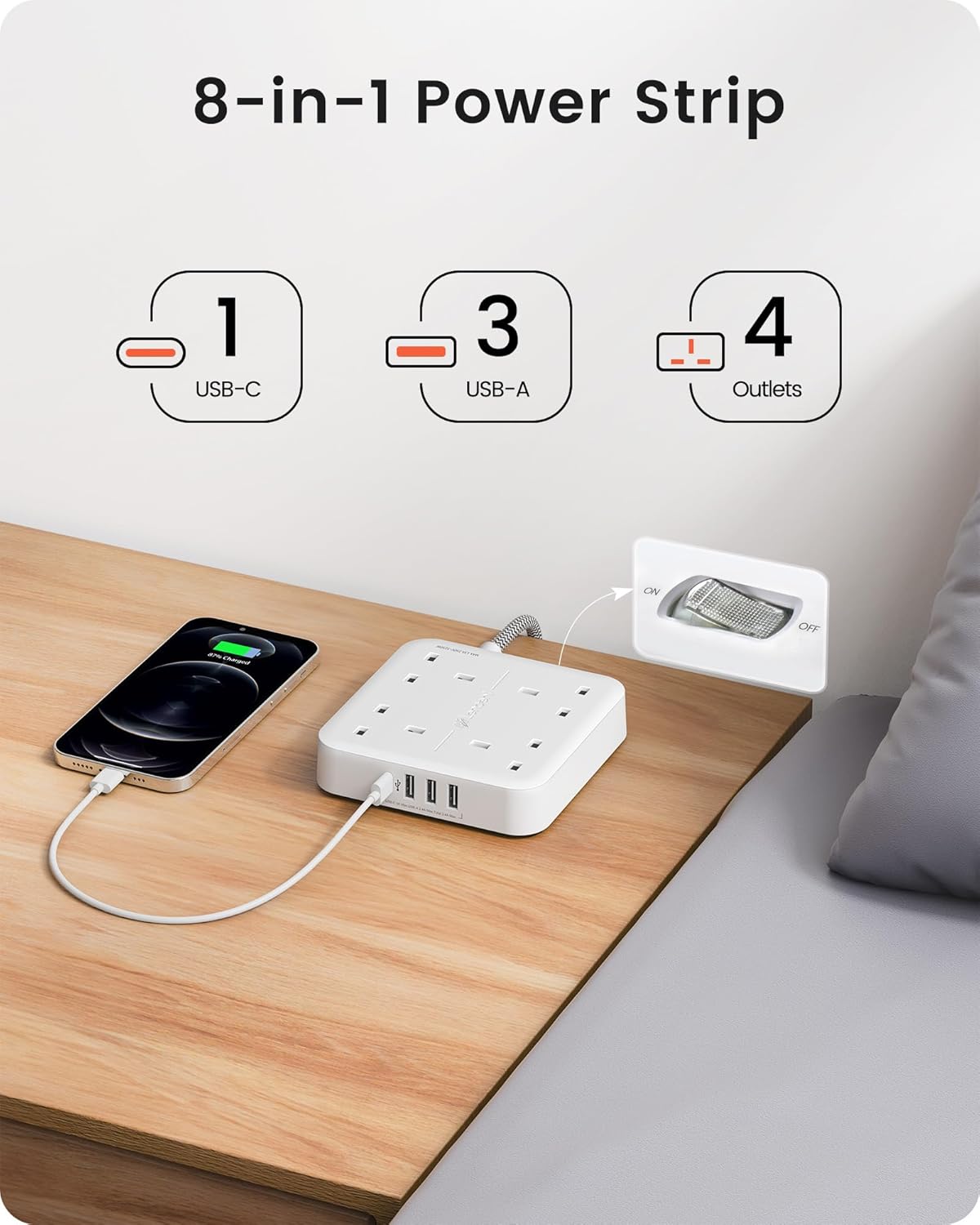 8-in-1 power strip with USB-C, USB-A, and outlets on a wooden surface.