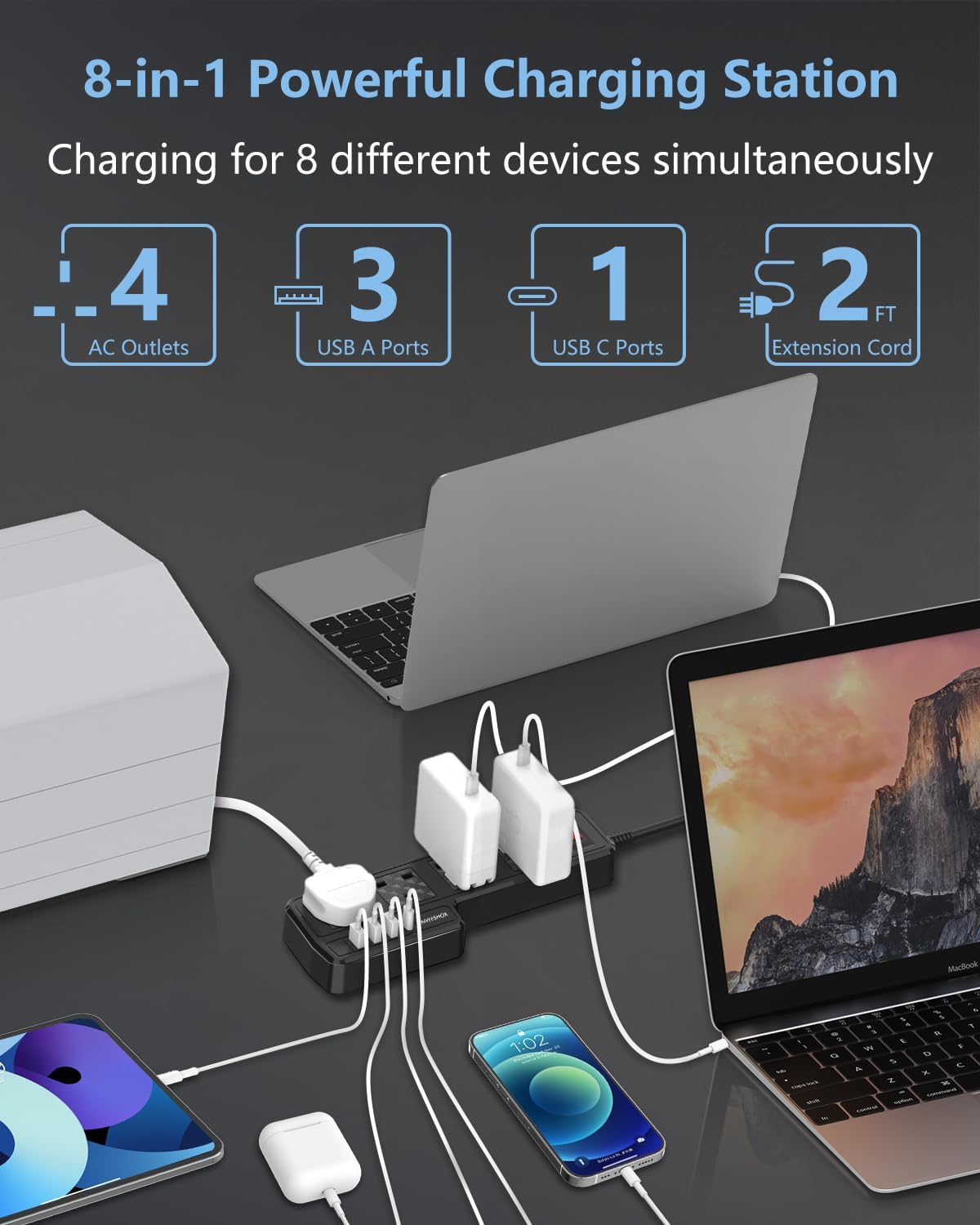 8-in-1 powerful charging station with multiple devices connected on a dark surface