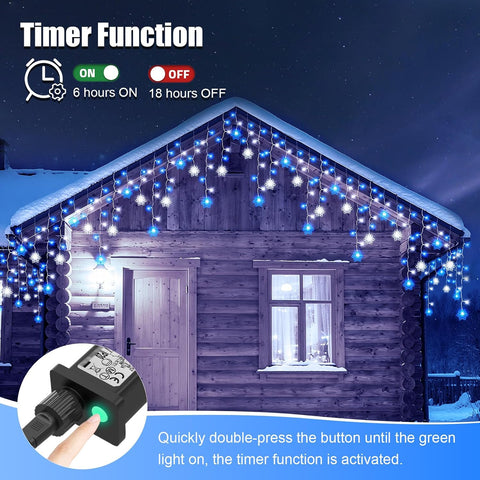 Dalugo 10M Christmas Icicle Lights Outdoor – 240 LED Blue & White Snowflake Lights with 6H Timer, 8 Modes & Memory Function - Make Your Home Glow Like a Winter Wonderland