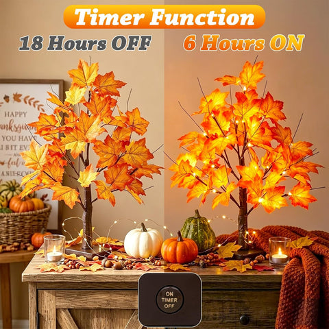 2 Pack 22" Lighted Maple Tree Fall Decor, Fall Tree with Lights Thanksgiving Decorations,24 LED Artificial Tree Battery Operated Centerpiece Table Decorations for Home Party Autumn Decor