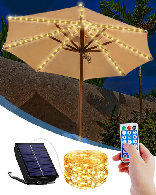 Solar Powerd Parasol Lights Waterproof Outdoor Patio Umbrella Lights with Remote Control 8 Mode Warm White LED Light String for Garden