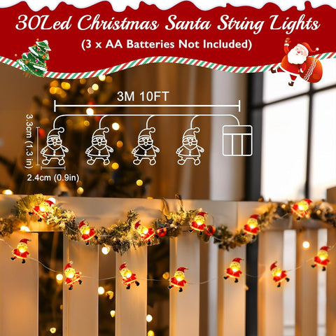 3M 30 LED Santa Claus Christmas String Lights | Battery Operated Fairy Lights for Indoor & Outdoor Home, Bedroom & Party Decorations