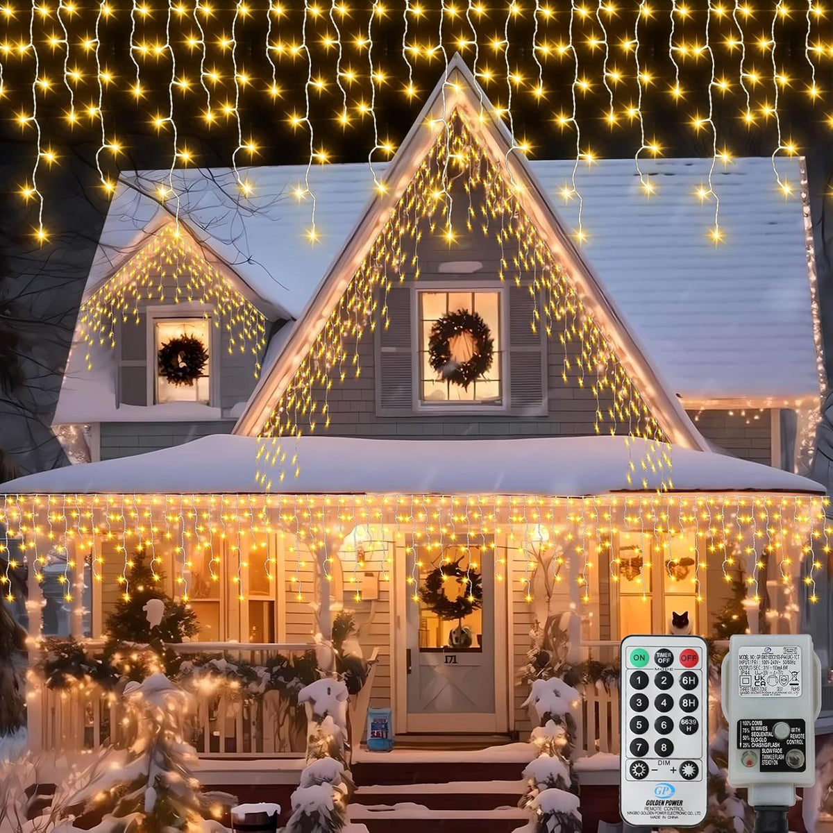 14M 360 LED Christmas Icicle Lights Outdoor Mains Powered with Remote – Warm White, 8 Modes, Timer & IP54 Waterproof - Turn Your Home Into a Winter Glow