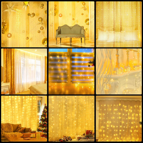 300 LED 3m x 3m Battery Operated Curtain Lights – Warm White Indoor Fairy Lights with 8 Modes, Adjustable Brightness & Remote Control