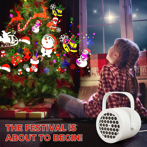 Christmas Projector Light with 16 Slides – LED Xmas Projector for Indoor & Outdoor Christmas Decorations, Santa, Snowman, Reindeer & Snowflake