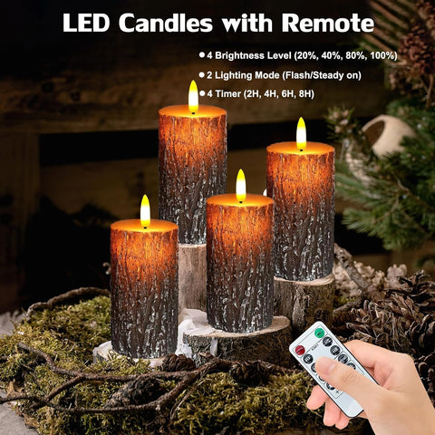 Bark Flameless Pillar Candles Set of 2, 6×3 Inch Real Wax LED Candles with Remote, Timer & Dimmable Flickering Light