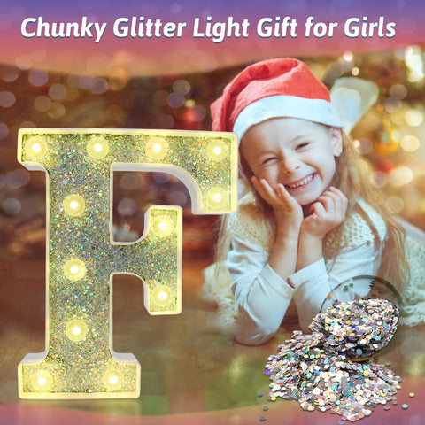 F Style Color Changing LED Letter Light, Glitter Marquee Lamp with 18 Colors, Remote Controlled, Battery Powered Decorative Letter Light for Party, Wedding, Birthday and Home Decor