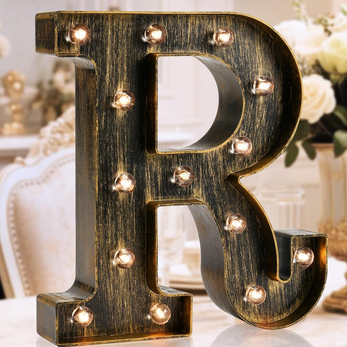 Golden Black LED Marquee Letter R – Vintage Industrial Style Light Sign