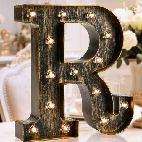 Golden Black LED Marquee Letter R – Vintage Industrial Style Light Sign