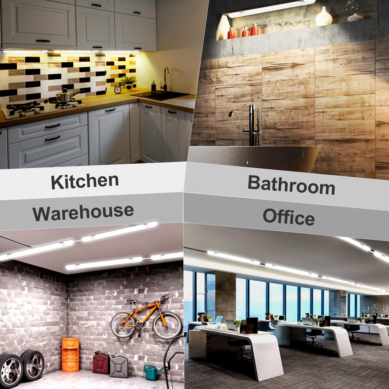 Collage of different interior settings including a kitchen, bathroom, warehouse, and office.